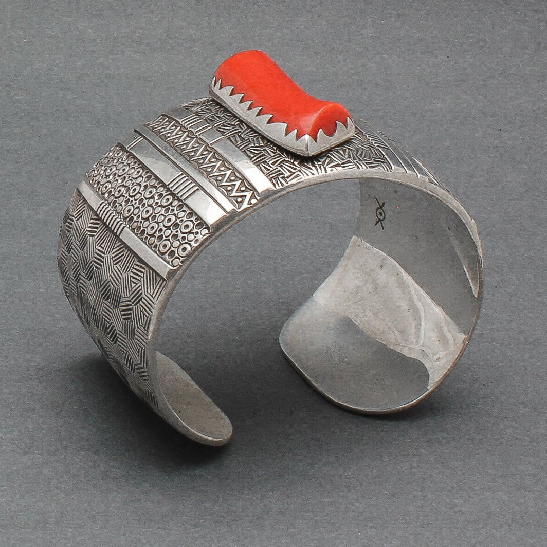 Norbert Peshlakai Wide Silver Stamped Bracelet With Coral Stone - Turquoise & Tufa