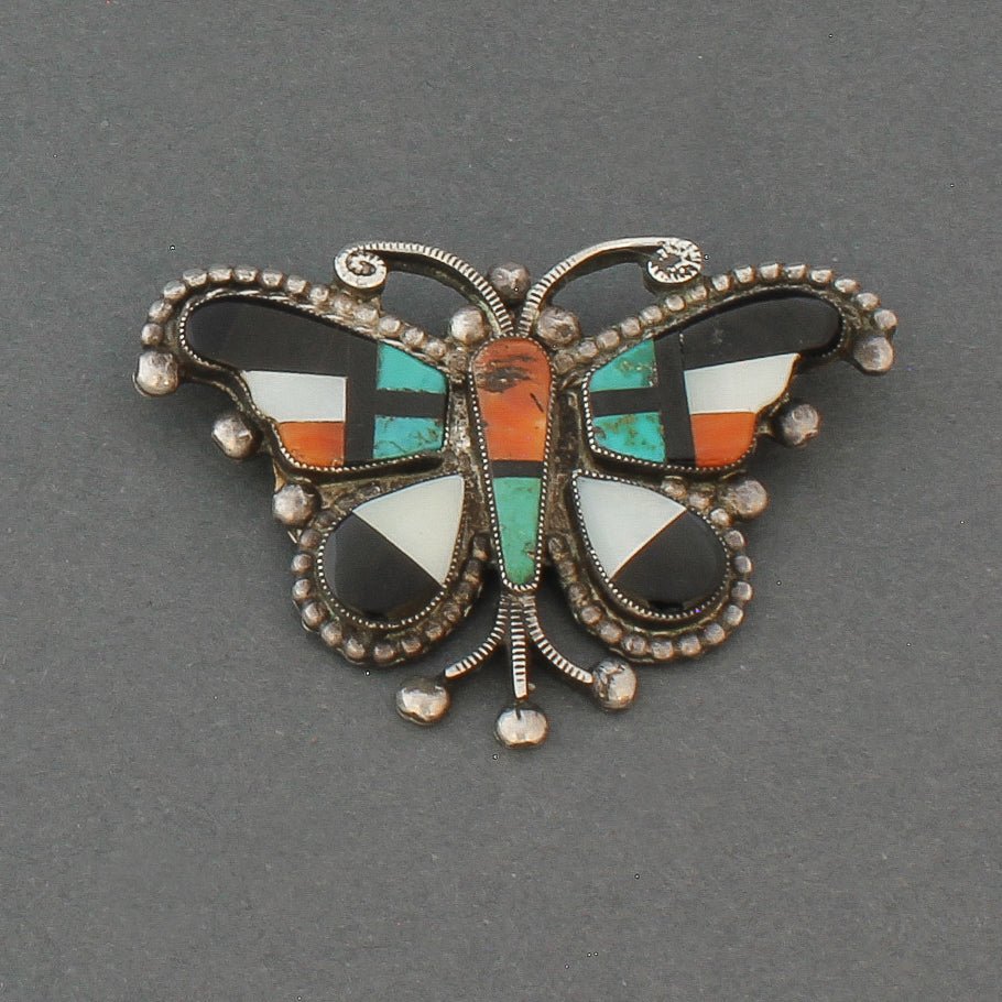Old 1940's Zuni Inlay Butterfly Pin of Complex Inlay - Turquoise & Tufa