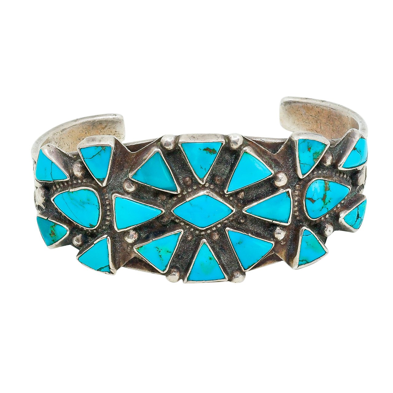 Old Navajo Cluster Bracelet of Natural Blue Gem Turquoise - Turquoise & Tufa