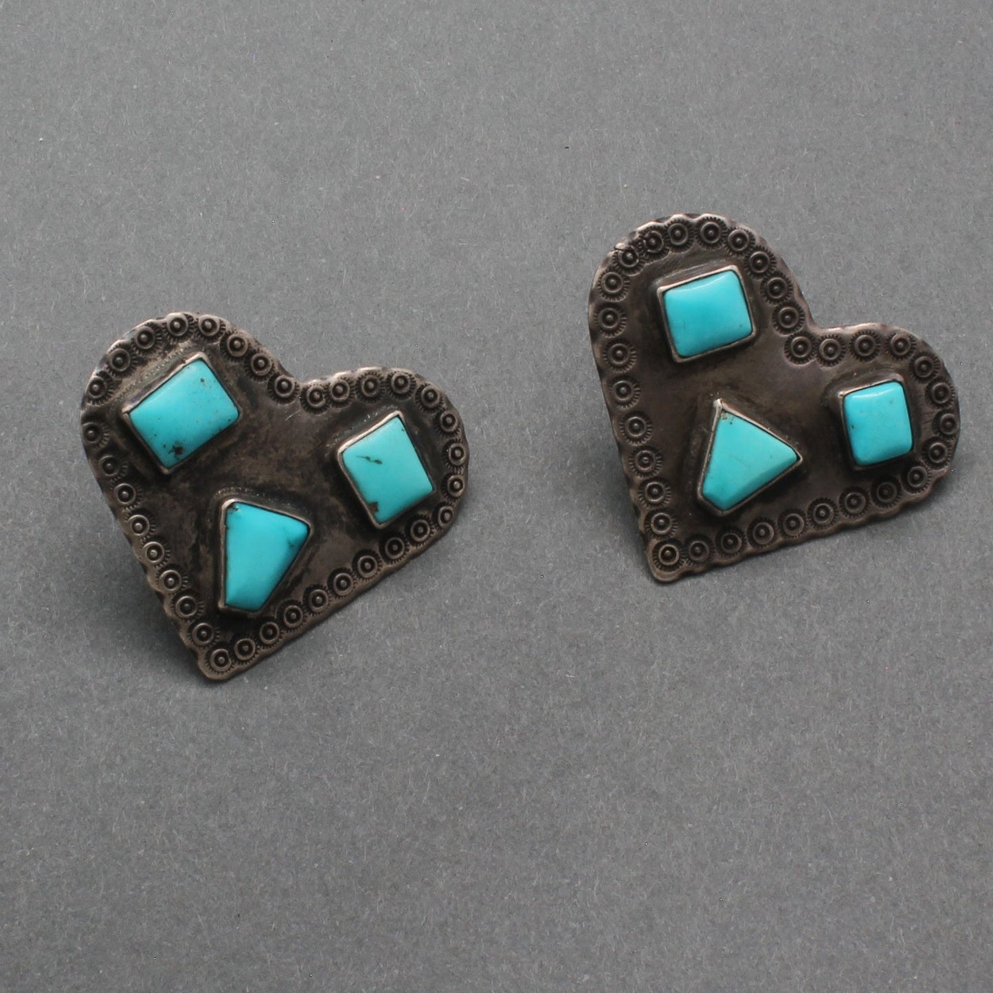 Old Navajo Large Heart Shaped Earrings of Silver and Turquoise - Turquoise & Tufa