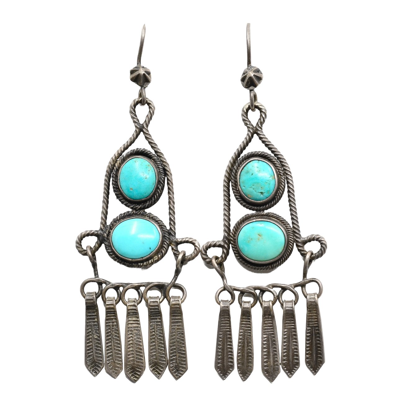 Old Navajo or Pueblo Turquoise Dangle Earrings With Twisted Wire - Turquoise & Tufa