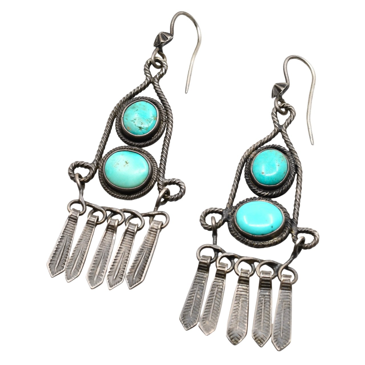 Old Navajo or Pueblo Turquoise Dangle Earrings With Twisted Wire - Turquoise & Tufa