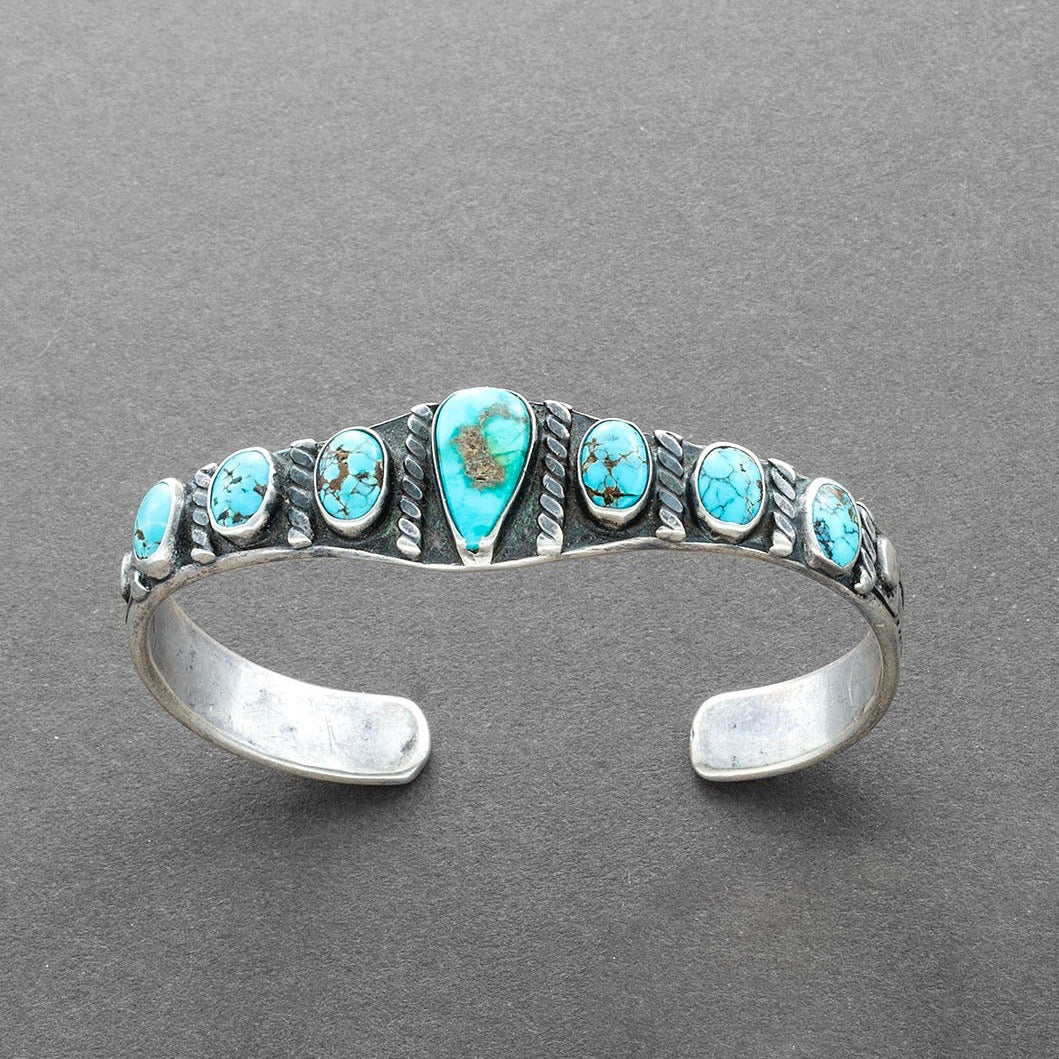 Old Navajo Row Bracelet Set With 7 Natural Turquoise Stones - Turquoise & Tufa