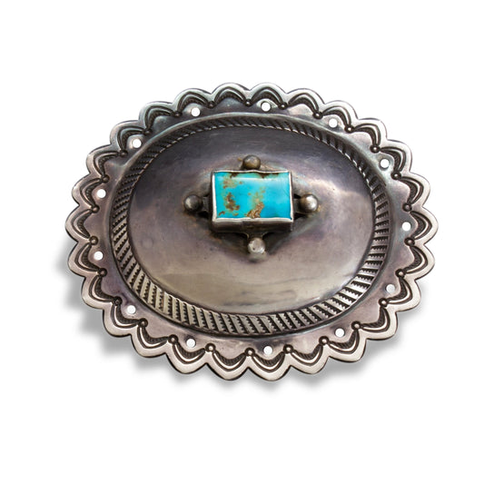 Old Pawn Navajo Silver Concho Buckle With Turquoise Circa 1940's - Turquoise & Tufa