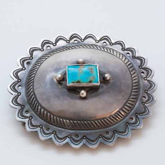 Old Pawn Navajo Silver Concho Buckle With Turquoise Circa 1940's - Turquoise & Tufa