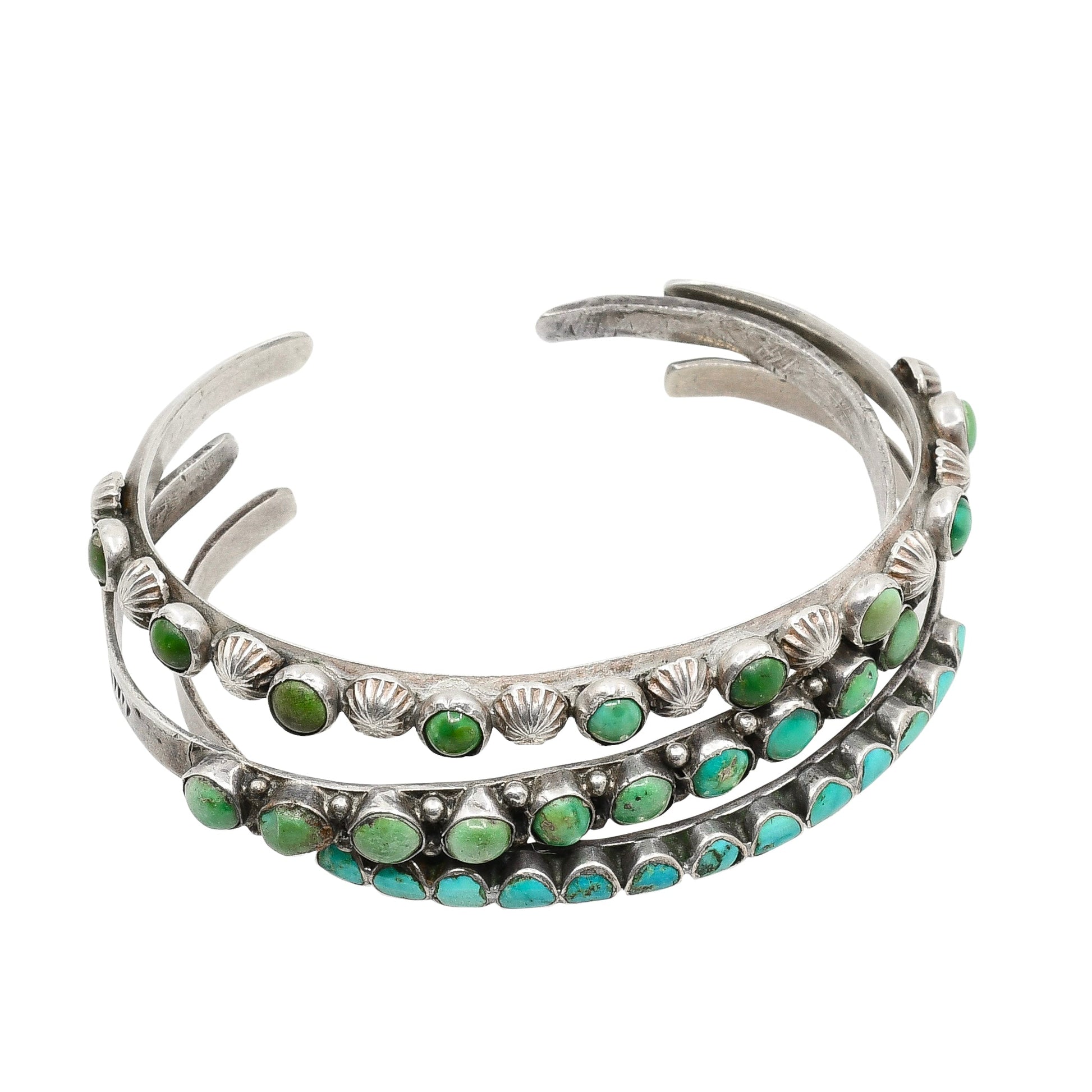 Old Zuni Narrow Row Bracelet With Green Turquoise - Turquoise & Tufa