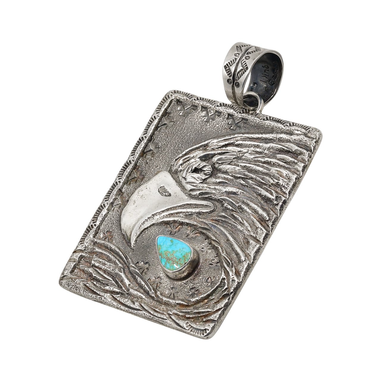 Original Handmade Fritz Casuse Pendant of Heavy Silver Eagle With Turquoise Accent - Turquoise & Tufa