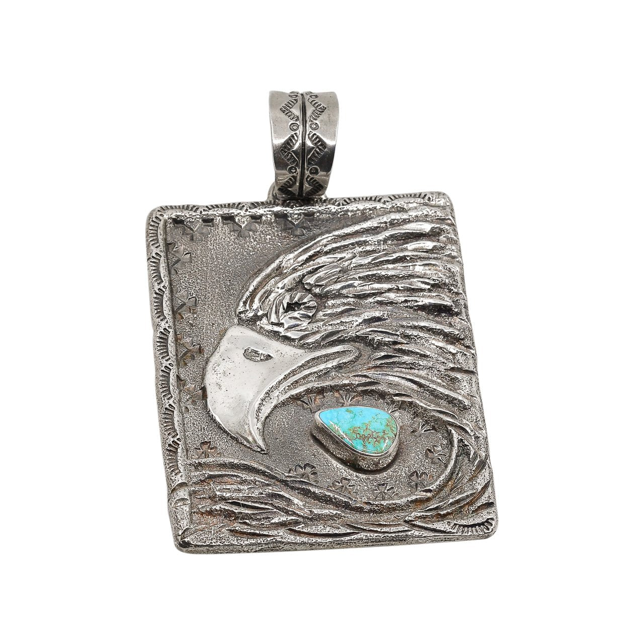 Original Handmade Fritz Casuse Pendant of Heavy Silver Eagle With Turquoise Accent - Turquoise & Tufa