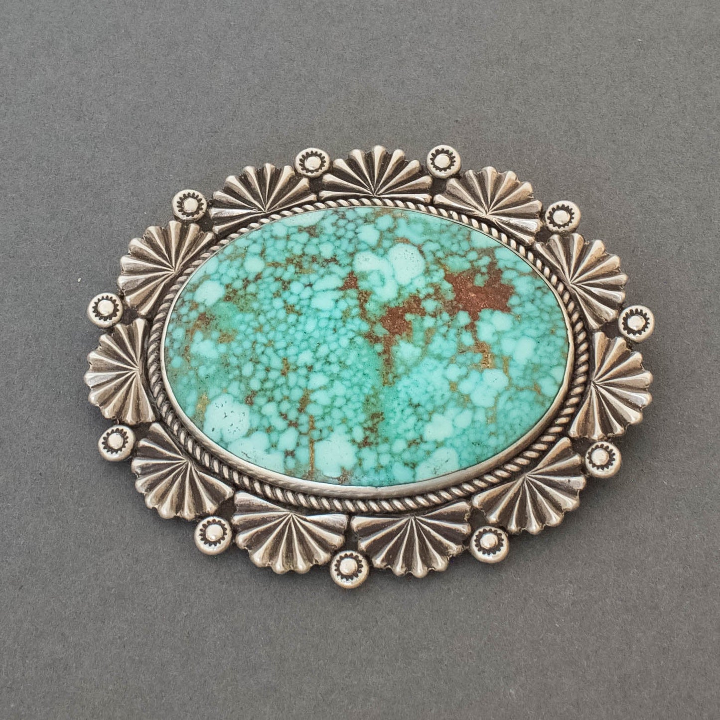 Oval Pin By Perry Shorty of High Grade Natural Turquoise - Turquoise & Tufa