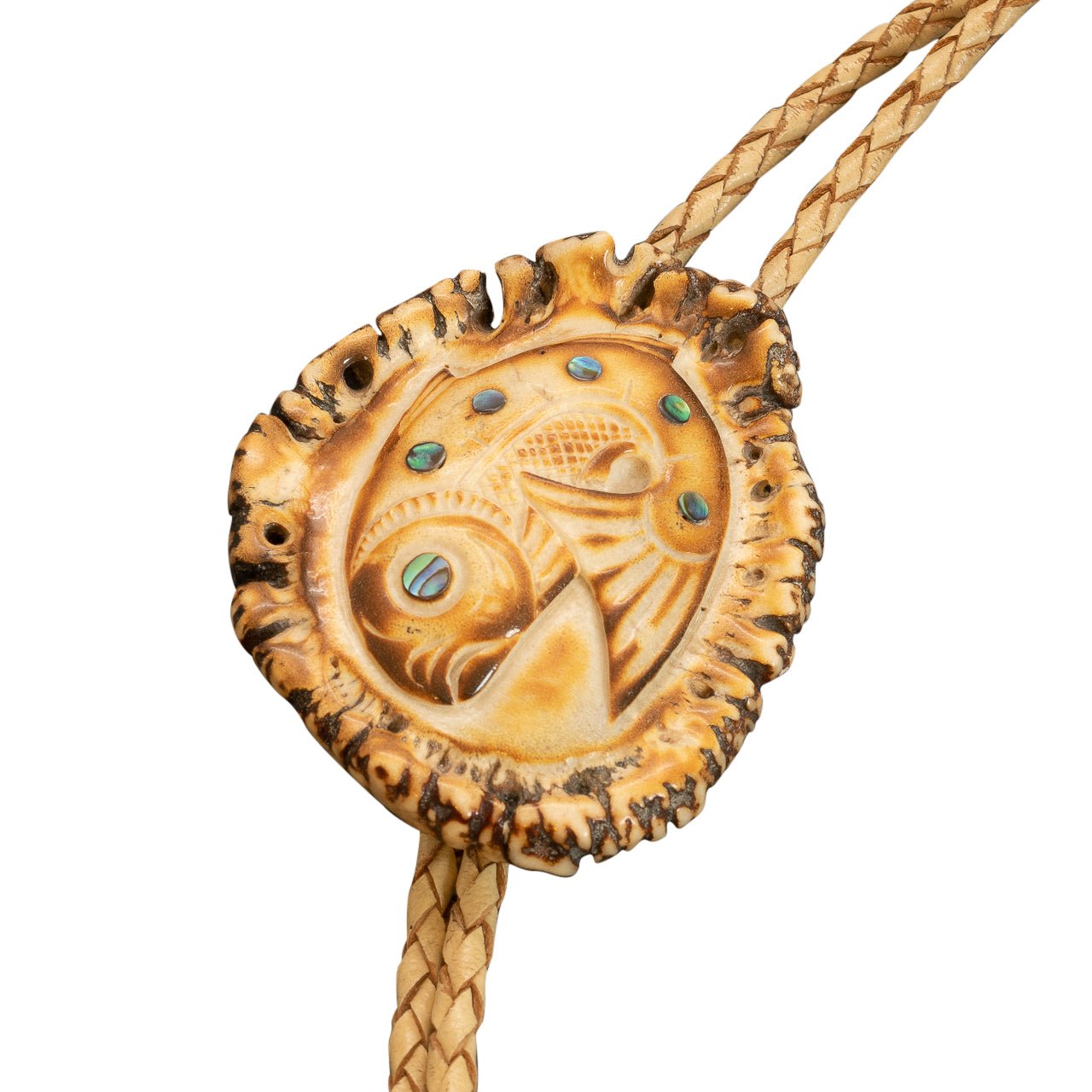 Patty Fawn Bolo of Carved Elk Horn Salmon - Turquoise & Tufa