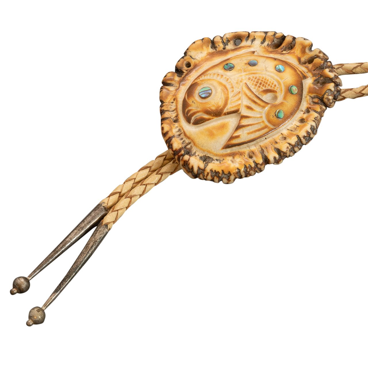 Patty Fawn Bolo of Carved Elk Horn Salmon - Turquoise & Tufa