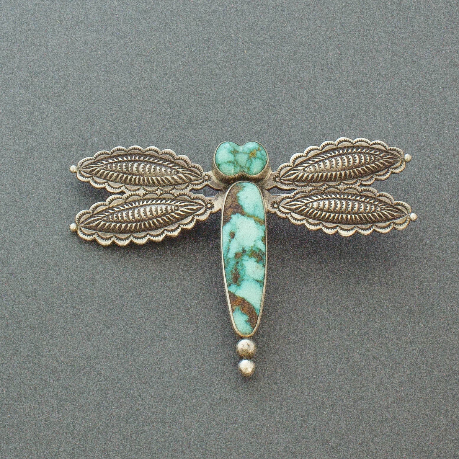 Perry Shorty Dragonfly Brooch of Silver and Turquoise - Turquoise & Tufa
