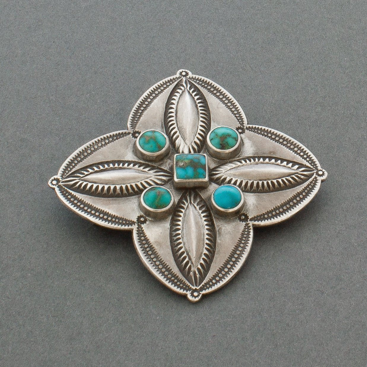 Perry Shorty Silver Repousse Cross Pin with Turquoise - Turquoise & Tufa