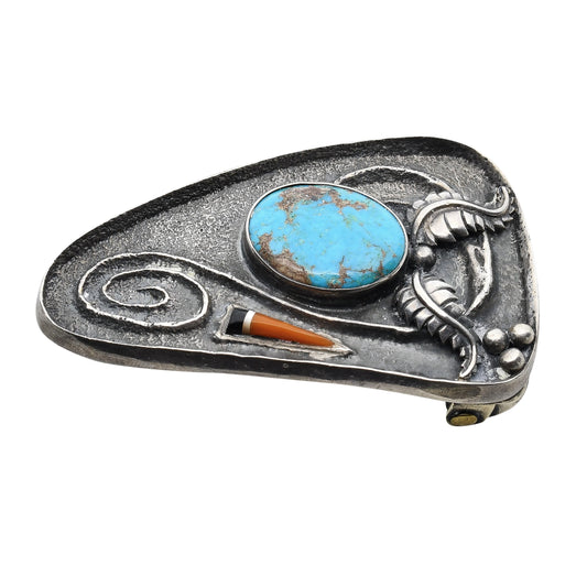Preston Monongye Buckle of Turquoise and Coral With Leaf Motif - Turquoise & Tufa