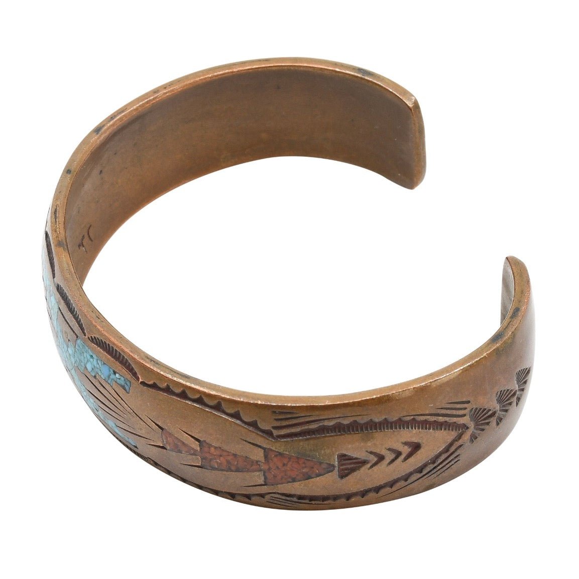 Rare Early Vintage Tommy Singer Chip Inlay Turquoise and Coral Copper Bracelet - Turquoise & Tufa
