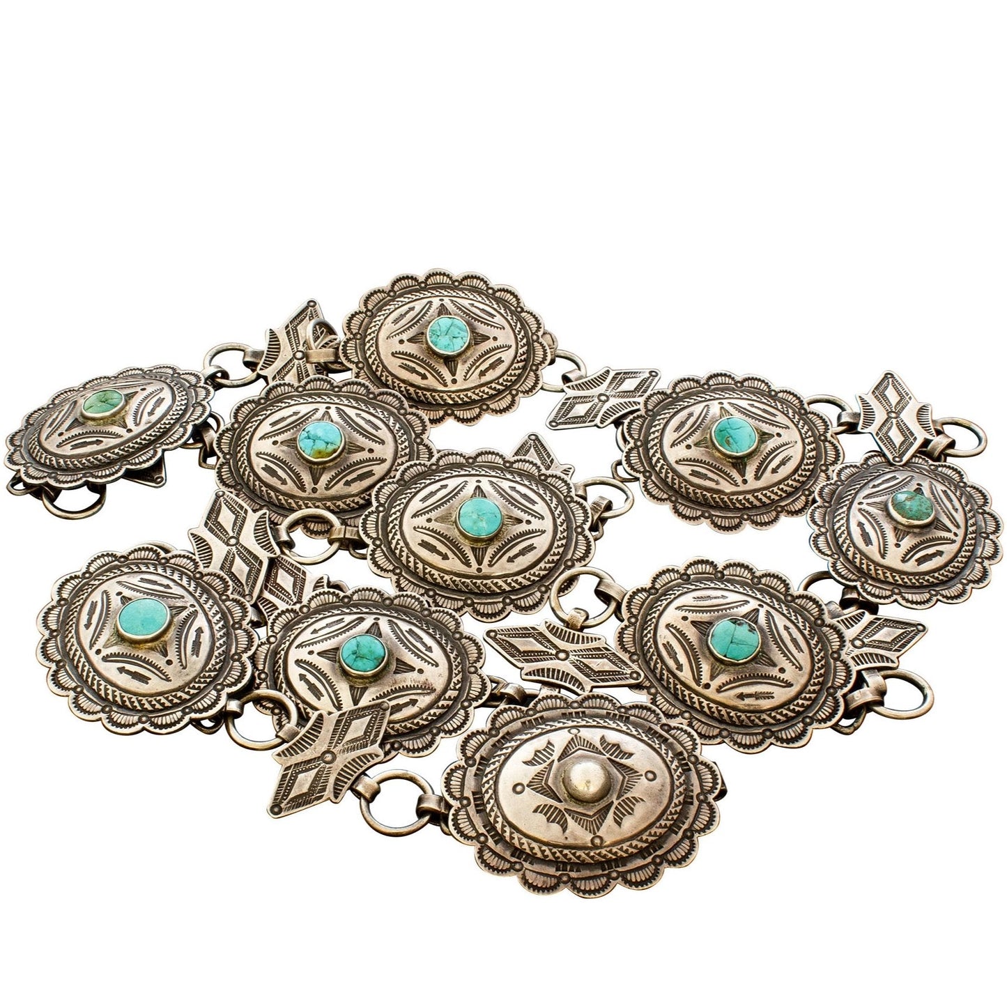 Rare Old Hopi Morris Robinson Concho Belt of Silver With Turquoise - Turquoise & Tufa
