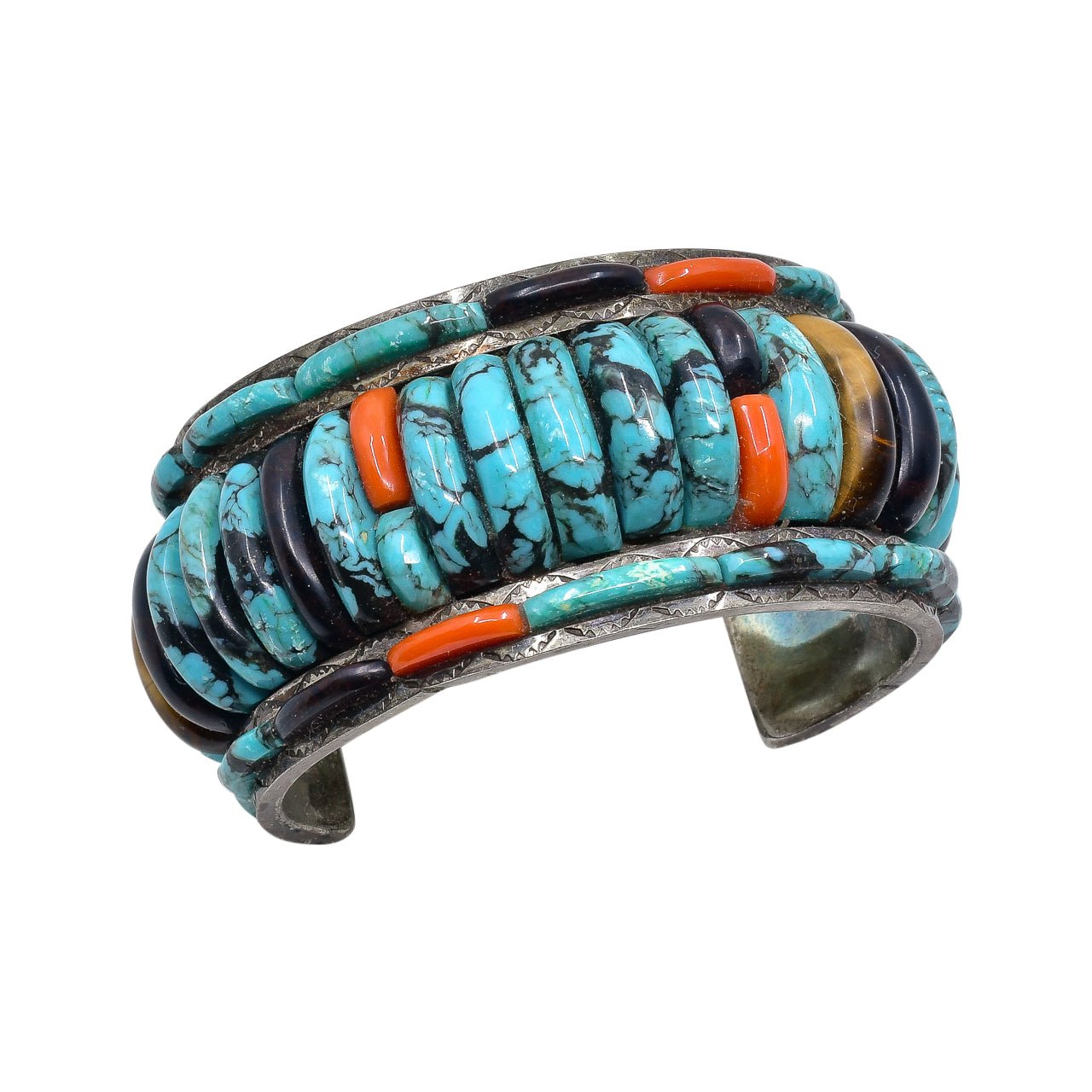 Rare Vintage Kewa Bracelet of Stacked Height Inlay By Carlos Eagle - Turquoise & Tufa