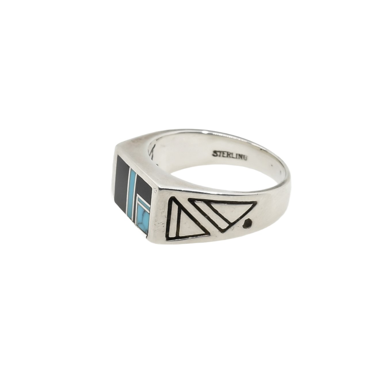 Ray Tracey Inlay Ring of Turquoise and Jet in Sterling Silver - Turquoise & Tufa