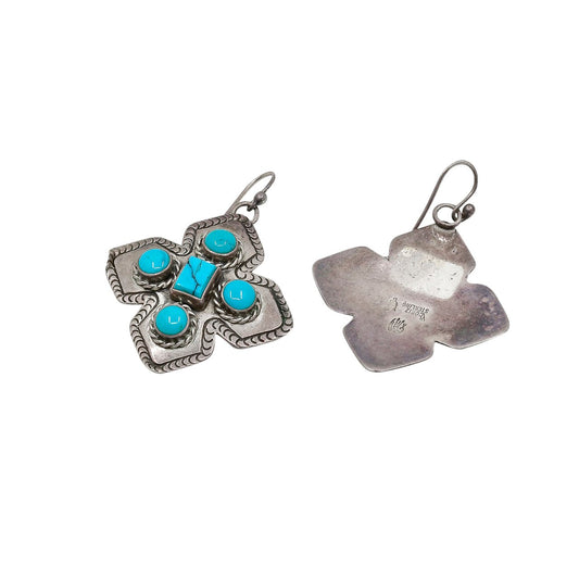 Raymond Coriz Dangle Earrings of Turquoise and Silver Crosses - Turquoise & Tufa