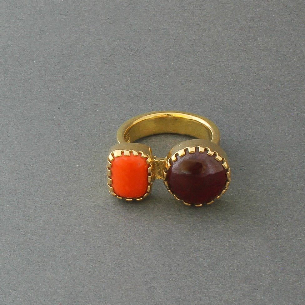 Ring of 18kt Gold And Garnet and Coral By Gail Bird and Yazzie Johnson - Turquoise & Tufa
