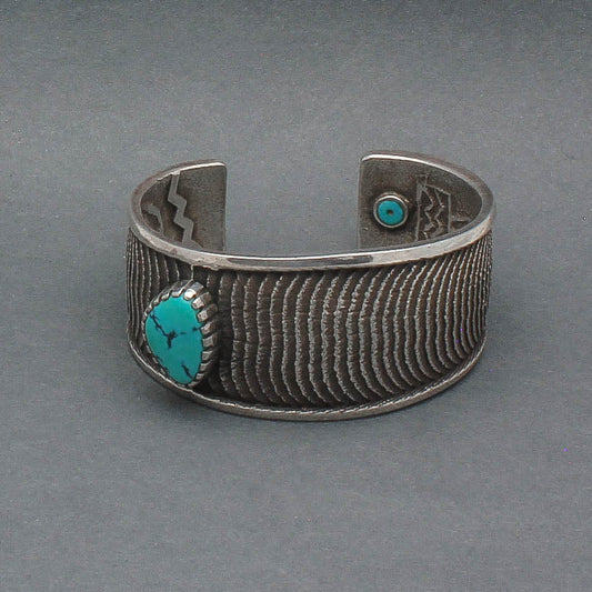 Robert Sorrell Bracelet of Textured Silver With Turquoise and Silver - Turquoise & Tufa