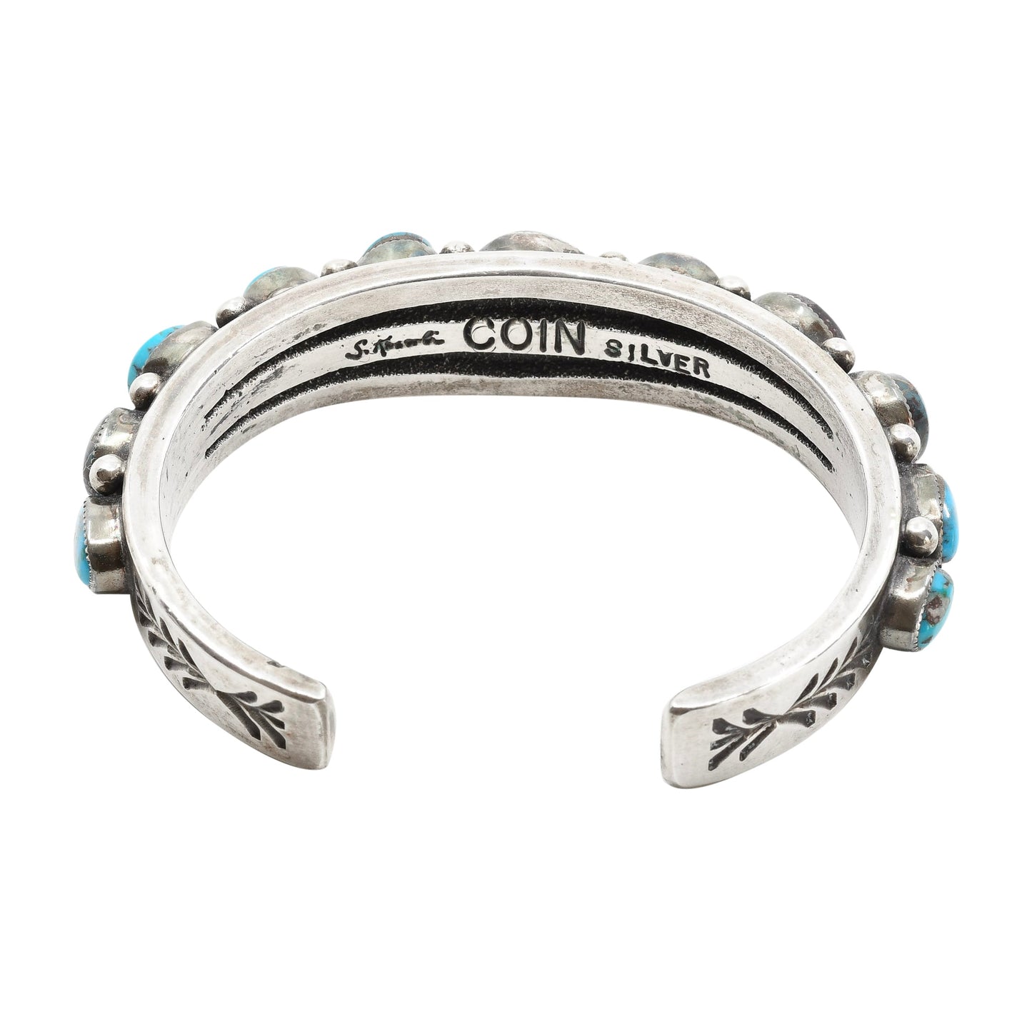 Sammie Kescoli Begay Turquoise Row Bracelet Coin Silver - Turquoise & Tufa