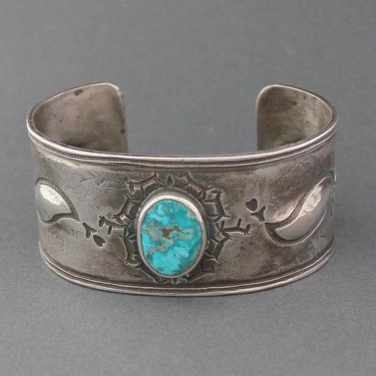 Silver Bracelet with Natural Turquoise and Horse Stamp by Greg Lewis & Dyaami Lewis - Turquoise & Tufa