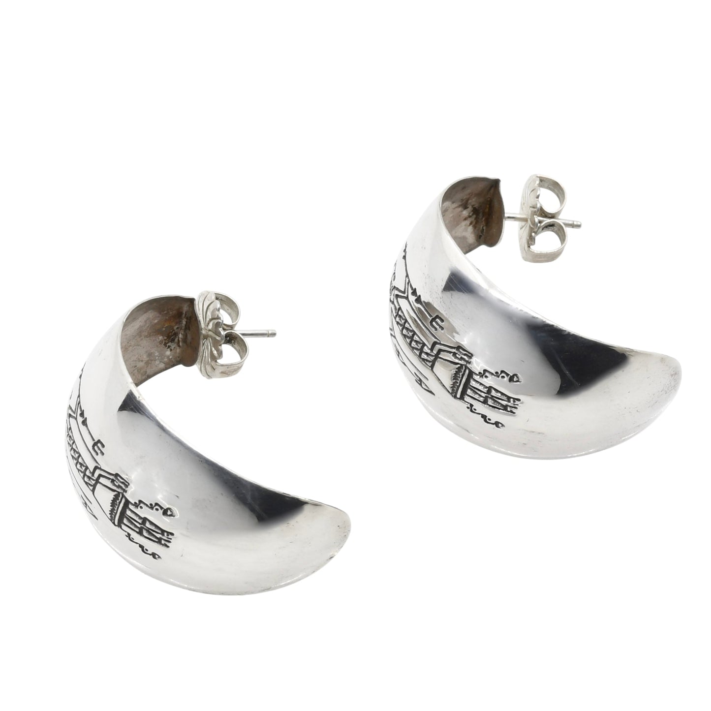Sterling Silver Half Hoop Navajo Yei Earrings - Turquoise & Tufa