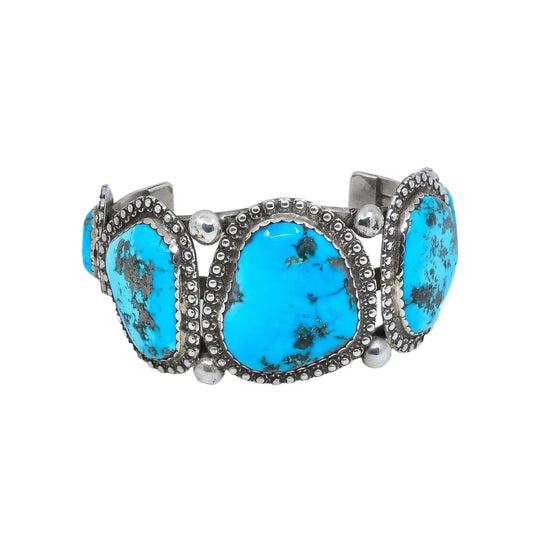 Tony Aguilar Sr Bracelet With Five Hand Cut Morenci Turquoise Stones - Turquoise & Tufa