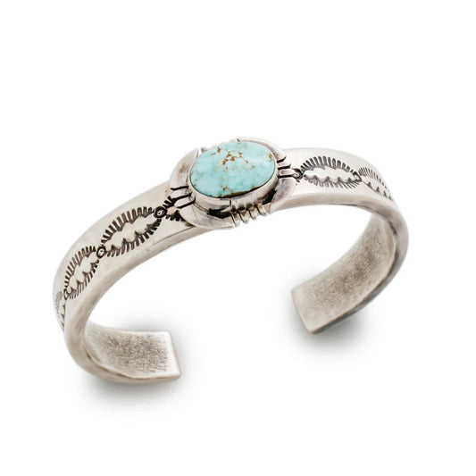 Traditional Navajo Silver Bracelet With #8 Turquoise By John Nelson - Turquoise & Tufa