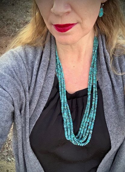 Vintage 5 Strand Pueblo Beaded Necklace of Fine Natural Turquoise - Turquoise & Tufa