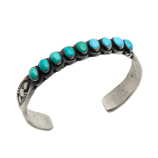 Vintage 9 Stone Navajo Turquoise Row Bracelet - Turquoise & Tufa
