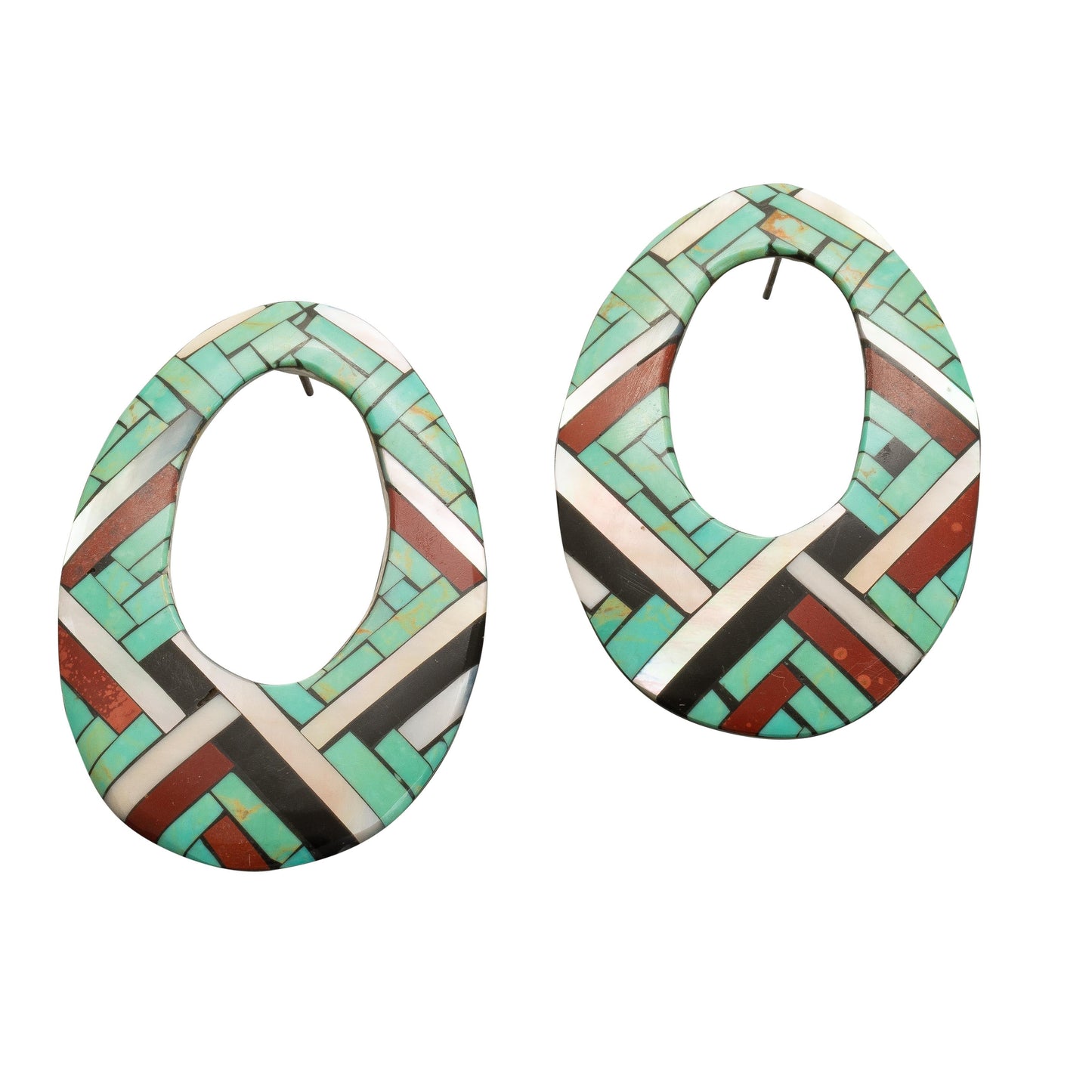 Vintage Angie Reano Owen Statement Earrings of Mosaic Inlay - Turquoise & Tufa