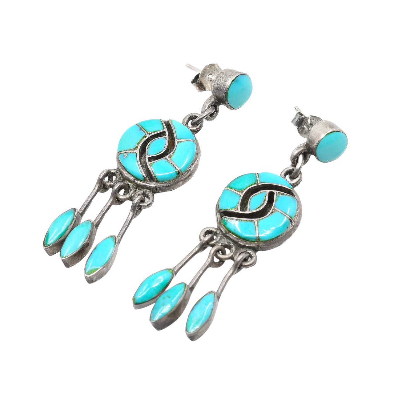Vintage Annie Quam Gasper Dangle Earrings Turquoise Hummingbird Inlay - Turquoise & Tufa