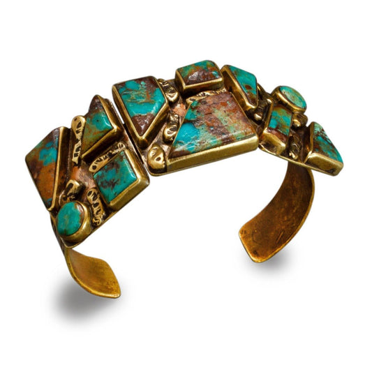 Vintage Brass Bracelet of Turquoise By Tony Aguilar Sr. - Turquoise & Tufa