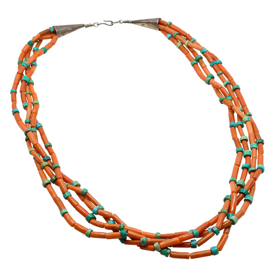Vintage Four Strand Natural Coral Necklace With Turquoise Accent Beads. - Turquoise & Tufa