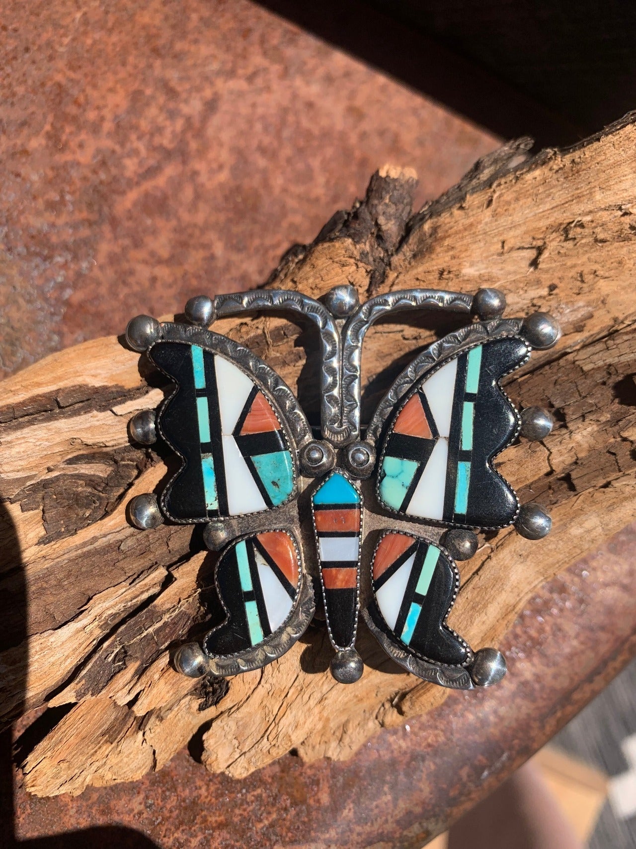 Vintage Frank Vacit Pin of Inlay Butterfly - Turquoise & Tufa