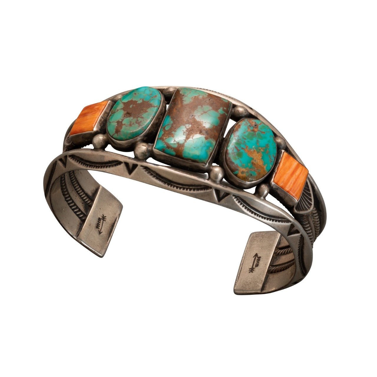 Vintage Harry H. Begay Cuff of Turquoise and Orange Spiny Oyster - Turquoise & Tufa