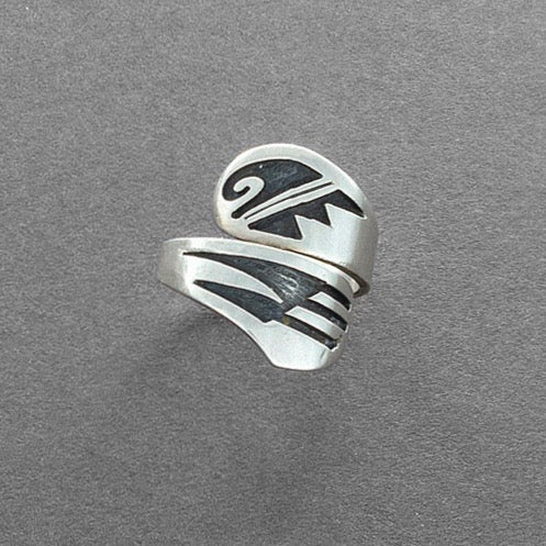 Vintage Hopi Guild Silver Overlay Ring With Bird Wing Design - Turquoise & Tufa