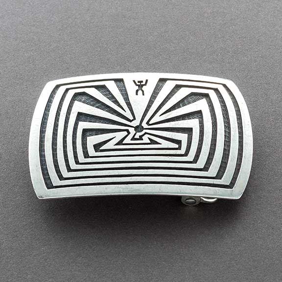 Vintage Hopi Overlay Man In the Maze Buckle By Mark Tawahongva - Turquoise & Tufa