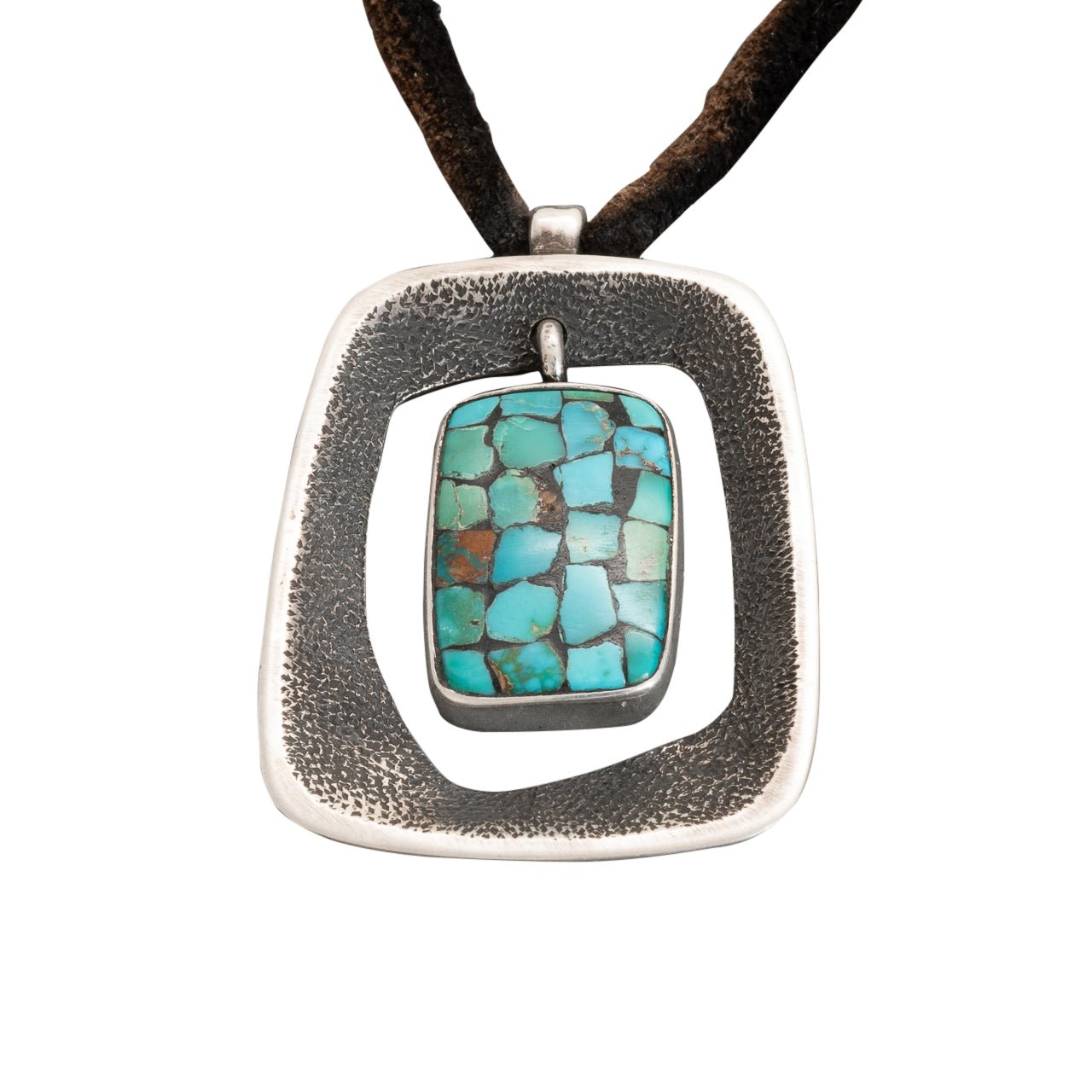 Vintage Modernist Navajo Pendant With Mosaic Inlay Turquoise By Jimmy Herald - Turquoise & Tufa
