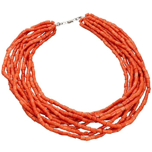 Vintage Natural Mediterranean Coral Necklace of 9 Strands Navajo or Pueblo - Turquoise & Tufa