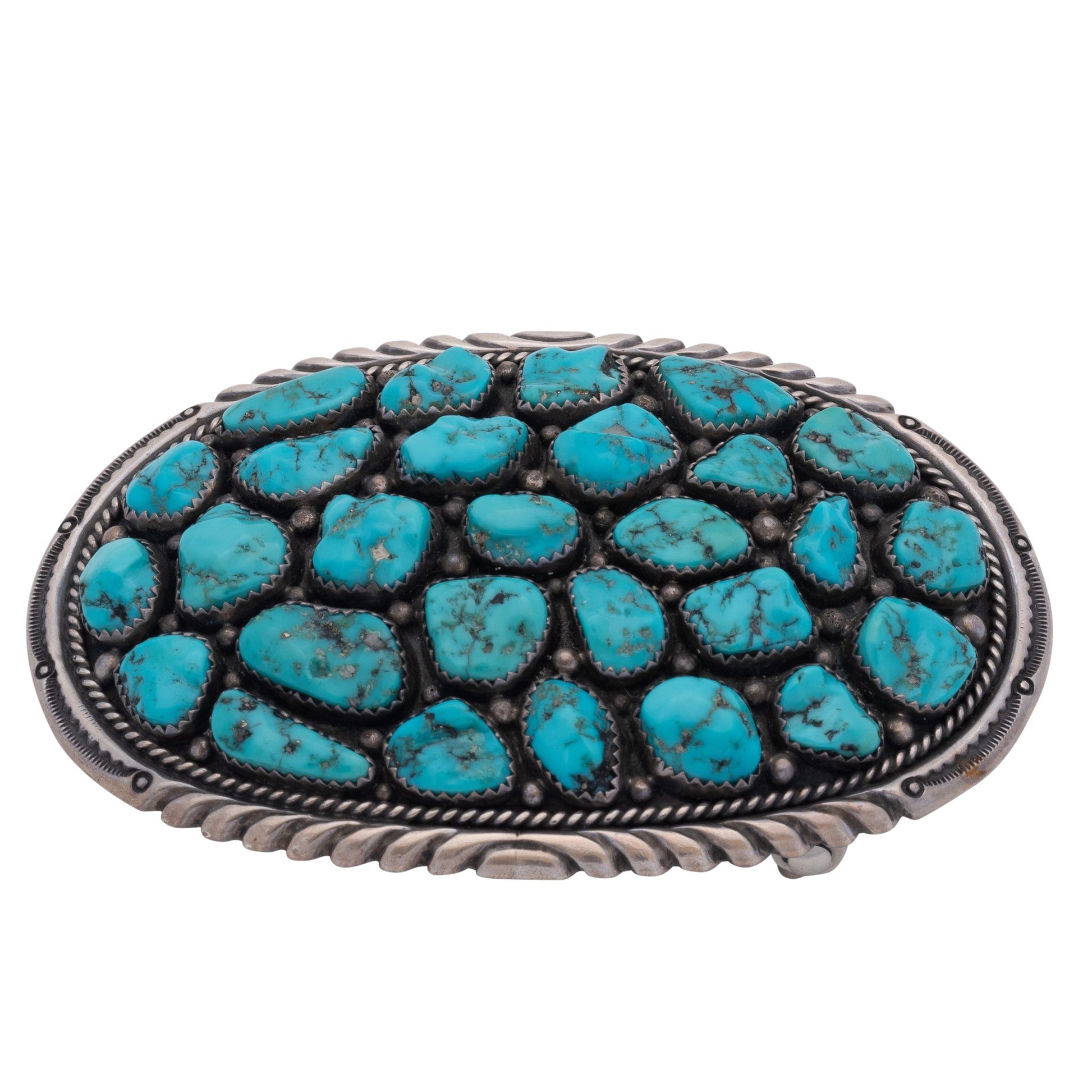 Turquoise & Tufa Vintage Navajo Silver Buckle of Repousse and Stamping