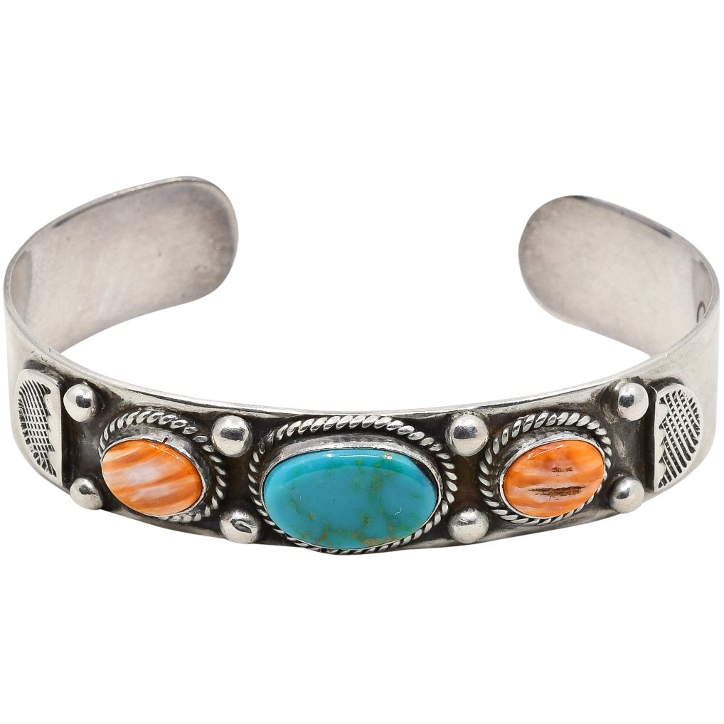 Vintage Navajo Bracelet By Jerry Platero of Turquoise and Spiny Oyster - Turquoise & Tufa