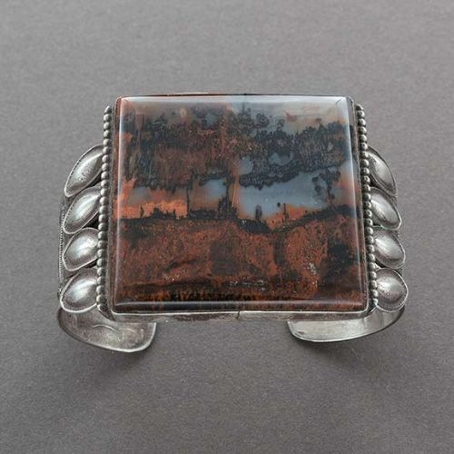 Vintage Navajo Bracelet of Silver With Large Square Agate Stone - Turquoise & Tufa