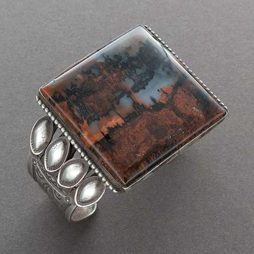 Vintage Navajo Bracelet of Silver With Large Square Agate Stone - Turquoise & Tufa