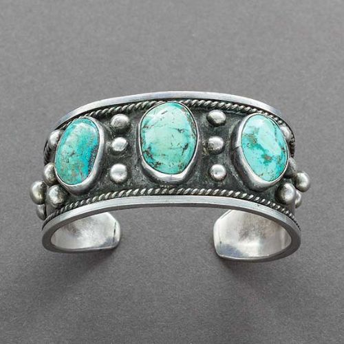 Vintage Navajo Bracelet Set With 3 Oval Turquoise Stones - Turquoise & Tufa