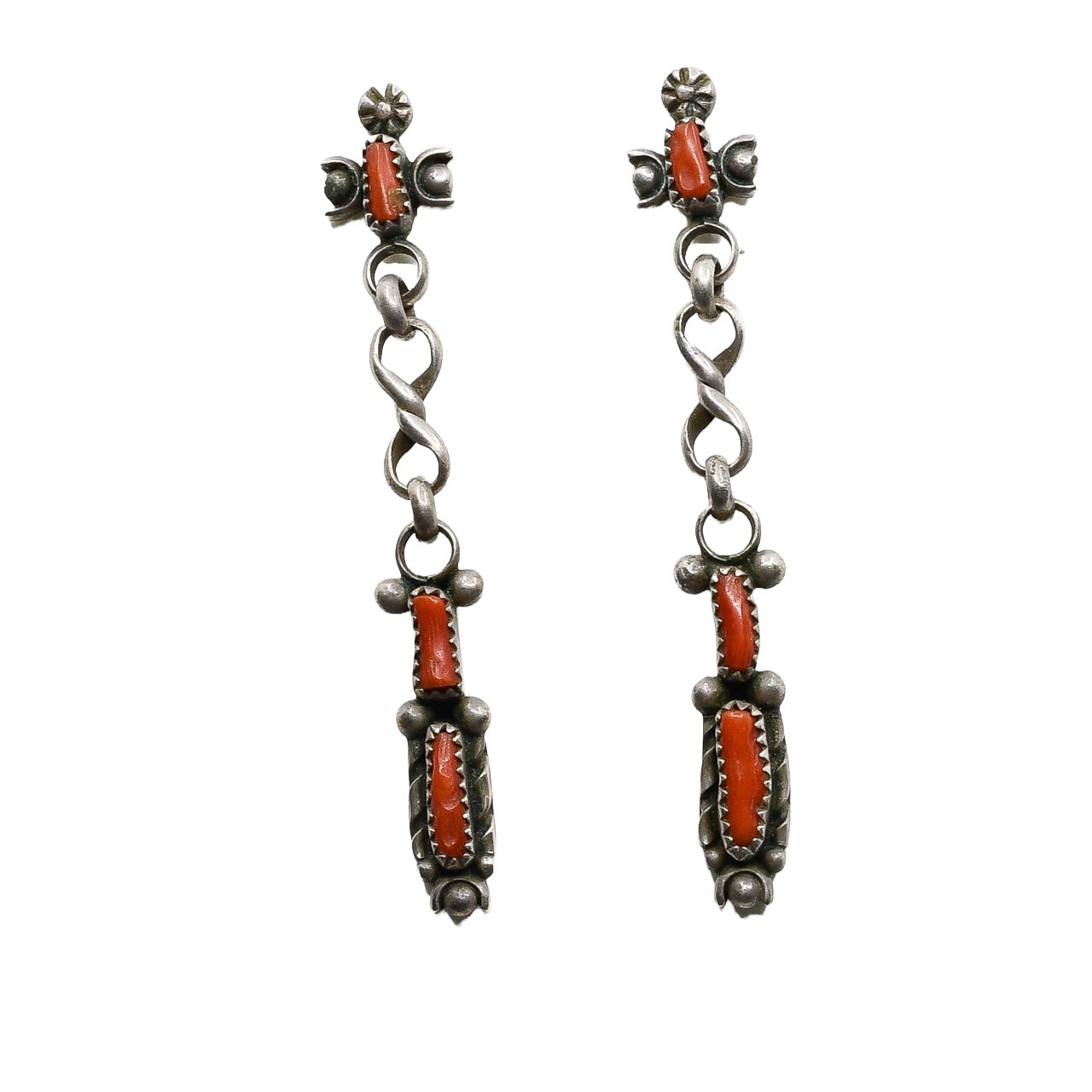 Vintage Navajo Coral Dangle Earrings - Turquoise & Tufa