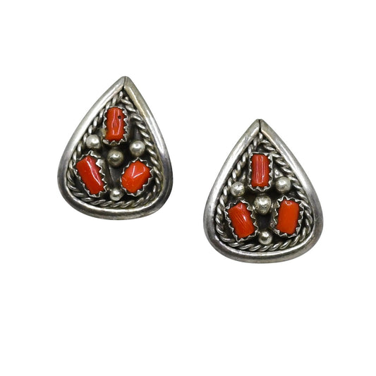 Vintage Navajo Coral Earrings of 3 Stones in Sterling Silver - Turquoise & Tufa
