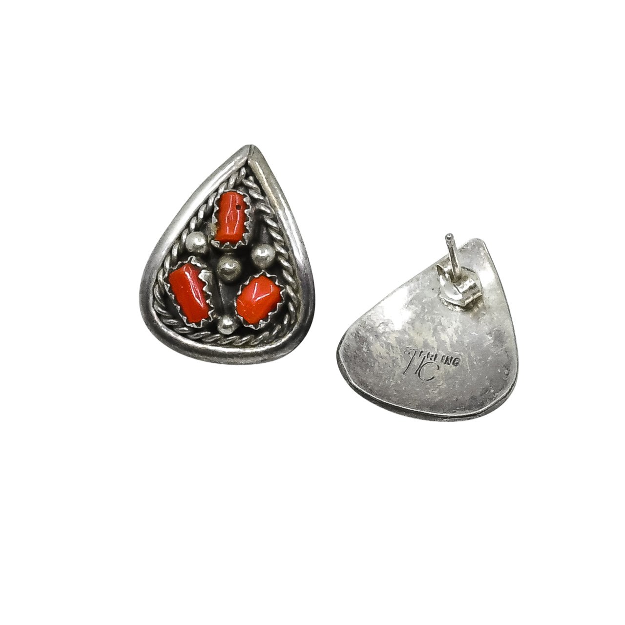 Vintage Navajo Coral Earrings of 3 Stones in Sterling Silver - Turquoise & Tufa